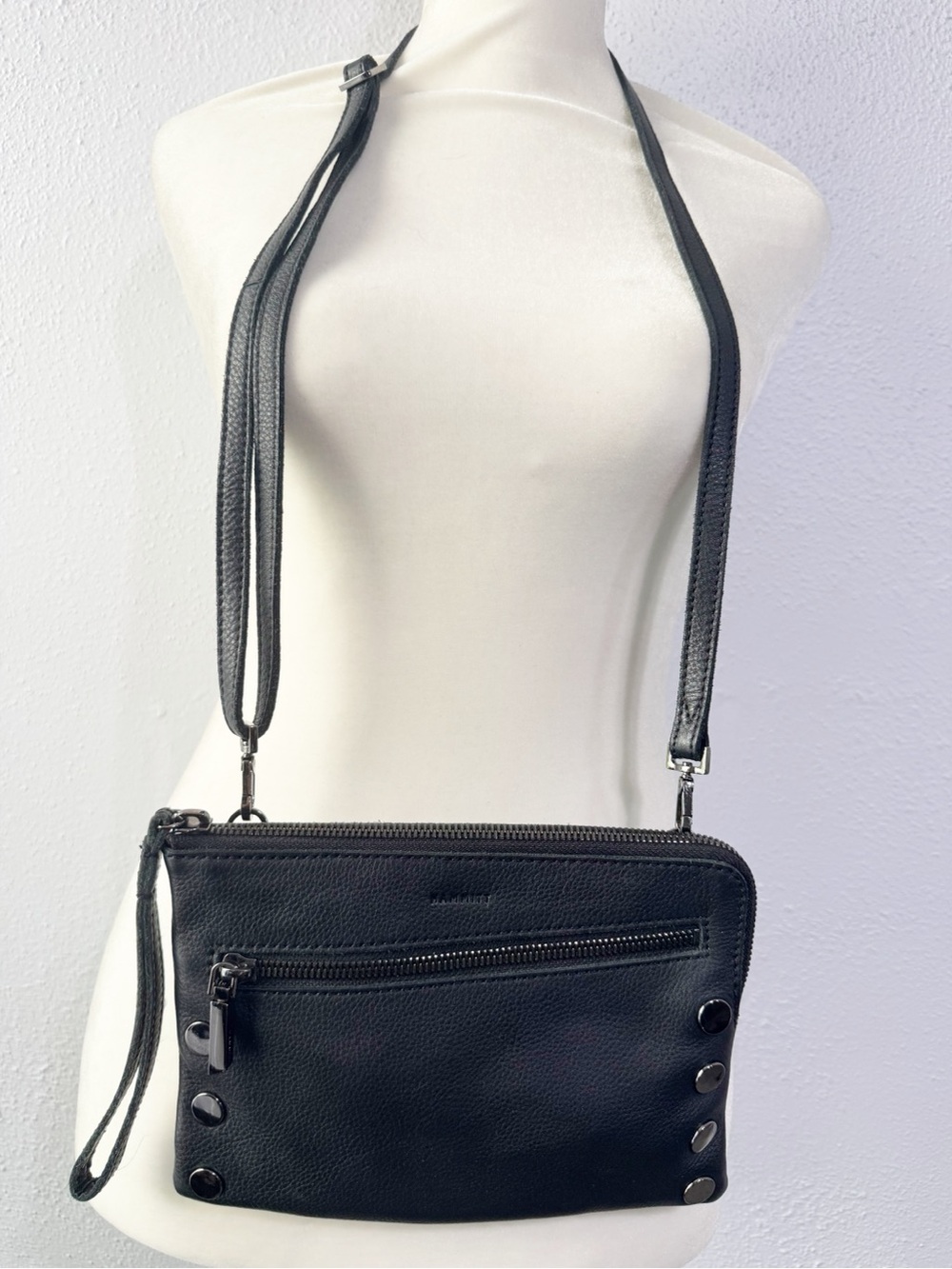 Hammitt Black Leather Crossbody Wristlet with Stud Details
